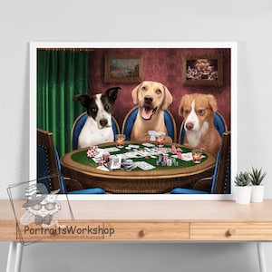 Dogs playing poker Personalized pet portrait from photographs for poker lovers. Custom cat portrait. Custom dog portrait.