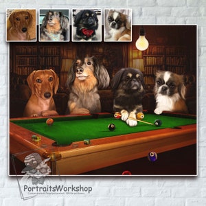 Custom portrait of dogs playing pool from photos | Pet Playing pool | Personalized gift for husband | Wall Art home decor.
