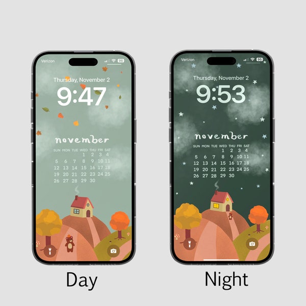 Day to Night Automatic Cozy Cute Fall Autumn November Dynamic Phone Calendar Wallpaper Background