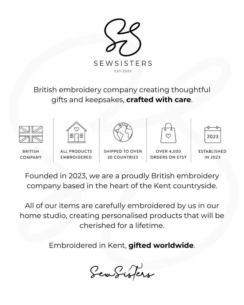 Op de afbeelding: Een witte informatieve afbeelding voor SewSisters, opgericht in 2023. Het bevat een logo, tekst over een Brits borduurbedrijf en vijf iconen die een Brits bedrijf, geborduurde producten, wereldwijde verzending, Etsy-bestellingen en 2023 vertegenwoordigen.