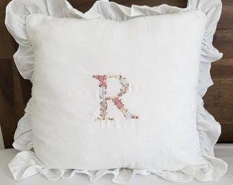 Homeware | Embroidered ruffle trim cushion - Floral initial