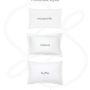 Op de afbeelding: Een afbeelding met drie witte rechthoekige kussenslopen met het label Pillowcase styles. Bovenaan een Housewife-stijl, in het midden een Oxford-stijl met rand, en onderaan een Ruffle-stijl met een geplooide rand. De tekst Sew Sisters staat onderaan.