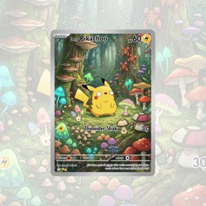 May include: A rectangular trading card featuring a yellow cartoon creature with a heart-shaped nose and wide eyes standing in a forest. The card text reads Derp Pikachoo, 60 HP, Thoonder Shak, and 30. The background shows various colorful mushrooms.