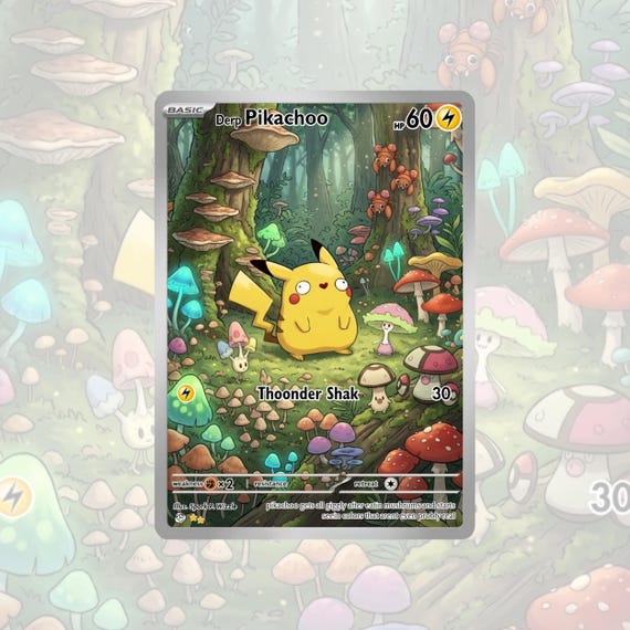 Derp Pikachoo Fan Art Custom Card, Mushroom Forest Card, Holo & Non-Holo Version Included