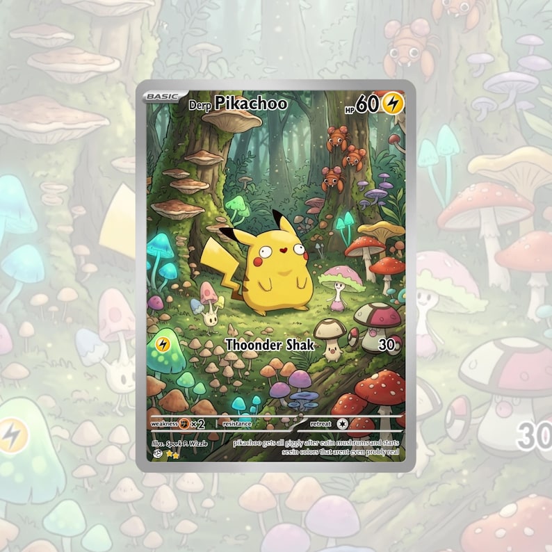 May include: A rectangular trading card featuring a yellow cartoon creature with a heart-shaped nose and wide eyes standing in a forest. The card text reads Derp Pikachoo, 60 HP, Thoonder Shak, and 30. The background shows various colorful mushrooms.