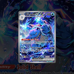 Könnte beinhalten: Eine Blastoise ex Sammelkarte mit einer blauen, schildkrötenartigen Kreatur mit Kanonen auf dem Rücken, umgeben von spritzendem Wasser. Die Karte zeigt 330 KP, die Fähigkeit Solid Shell und die Attacke Twin Cannons mit Spielregeln.