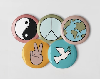 Peace Set of 5 Pins Earth, YinYang, Dove, Peace, Peace Sign