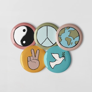 Peace Set of 5 Pins Earth, YinYang, Dove, Peace, Peace Sign
