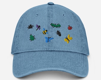 I Like Bugs Denim Embroidered Hat