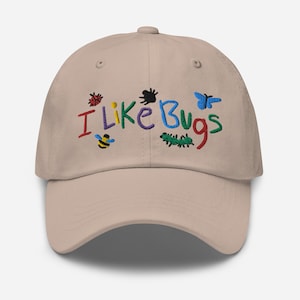 Gorra unisex bordada con texto "Me gustan los insectos" para adultos.