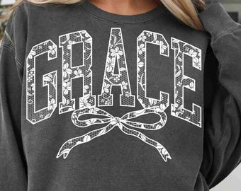 Grace Lace Bow Png Coquette Grace Varsity Png Floral Easter Grace Png Jesus Christian Png Pray God Faith Spring Bible Verse Png Trendy Lace
