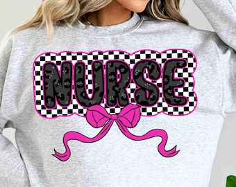 Noeud d'infirmière Png Coquette rose paillettes léopard infirmière Png damier infirmière universitaire Png rétro printemps tendance infirmière chemise Png 2025 infirmière noeud Clipart