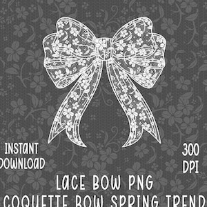 May include: White lace bow with a delicate floral pattern. The bow is isolated on a gray background with a floral pattern. The text "Lace Bow PNG Coquette Bow Spring Trend" is below the bow.