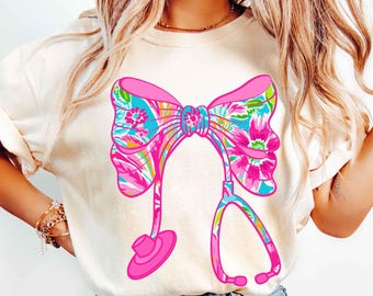 Nurse Summer Png Preppy Stethoscope Bow Png Coquette Floral Bow Everyday Nurse Life Png Bright Flowers Girly Bow Nurse Shirt Design Trendy