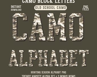 Camo Alpha Pack, lettere universitarie per la stagione di caccia, font digitale Coquette, alfabeto autunnale Bottomland, set ABC retrò, numeri mimetici per la caccia alle anatre
