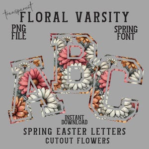 Alfabeto universitario floral PNG Fuente universitaria de margaritas de primavera Letras y números de Pascua Conjunto de alfabeto universitario femenino de moda Clipart digital del Día de la Madre