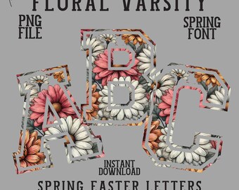 Floral Varsity Alphabet PNG Spring Daisy Varsity Font Easter Letters & Numbers Trendy Girly Varsity Alpha Set Mothers Day Digital Clipart