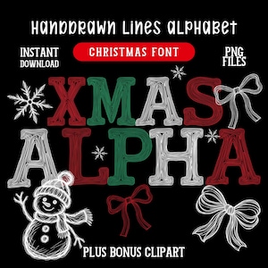 Puede incluir: Un gráfico digital con el texto HANDDRAWN LINES ALPHABET, CHRISTMAS FONT, INSTANT DOWNLOAD, PNG FILES, XMAS ALPHA y PLUS BONUS CLIPART. El diseño incluye letras rojas, verdes y blancas, copos de nieve, lazos y un muñeco de nieve.
