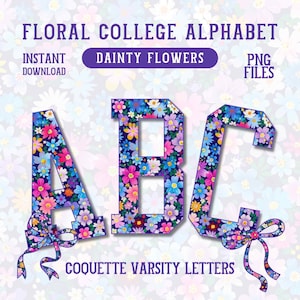 Paquete Alfabeto Floral, Letras Universitarias Moradas Ditsy, Fuente Digital Coquette, Alfabeto Botánico Boho, Conjunto ABC de Verano Vintage, Grandmillennial, PNG