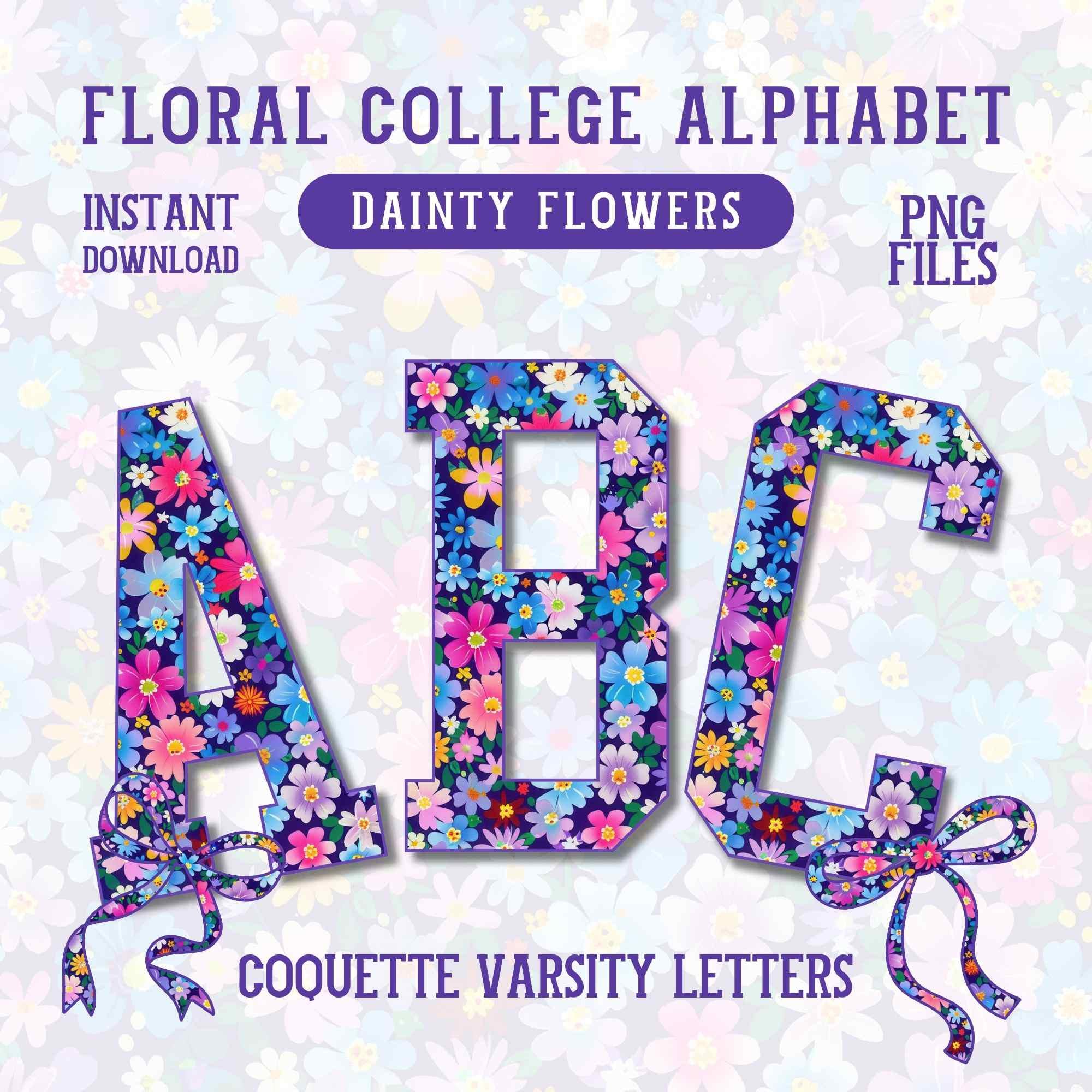 Floral Alpha Pack Ditsy Purple Varsity Letters Coquette Digital Font Png Boho Botanical Alphabet Vintage Summer ABC Set Grandmillennial PNG