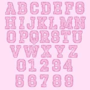 May include: A full alphabet and number set in a pink, floral-patterned design. The letters and numbers are in a bold, block style with a textured, decorative fill. The background is a solid, light pink.