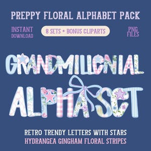 Pacote de PNG do alfabeto Grandmillennial, letras florais elegantes, guingão pastel, fonte digital boho vintage, clipart, letras coquete, conjunto de alfabeto de hortênsia