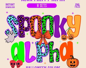 Neon Halloween Preppy Alpha PNG Leopard Doodle Letters Spooky Alphabet Clipart Spooky ABC Skulls Cheetah Pumpkins Fall Sublimation Clipart