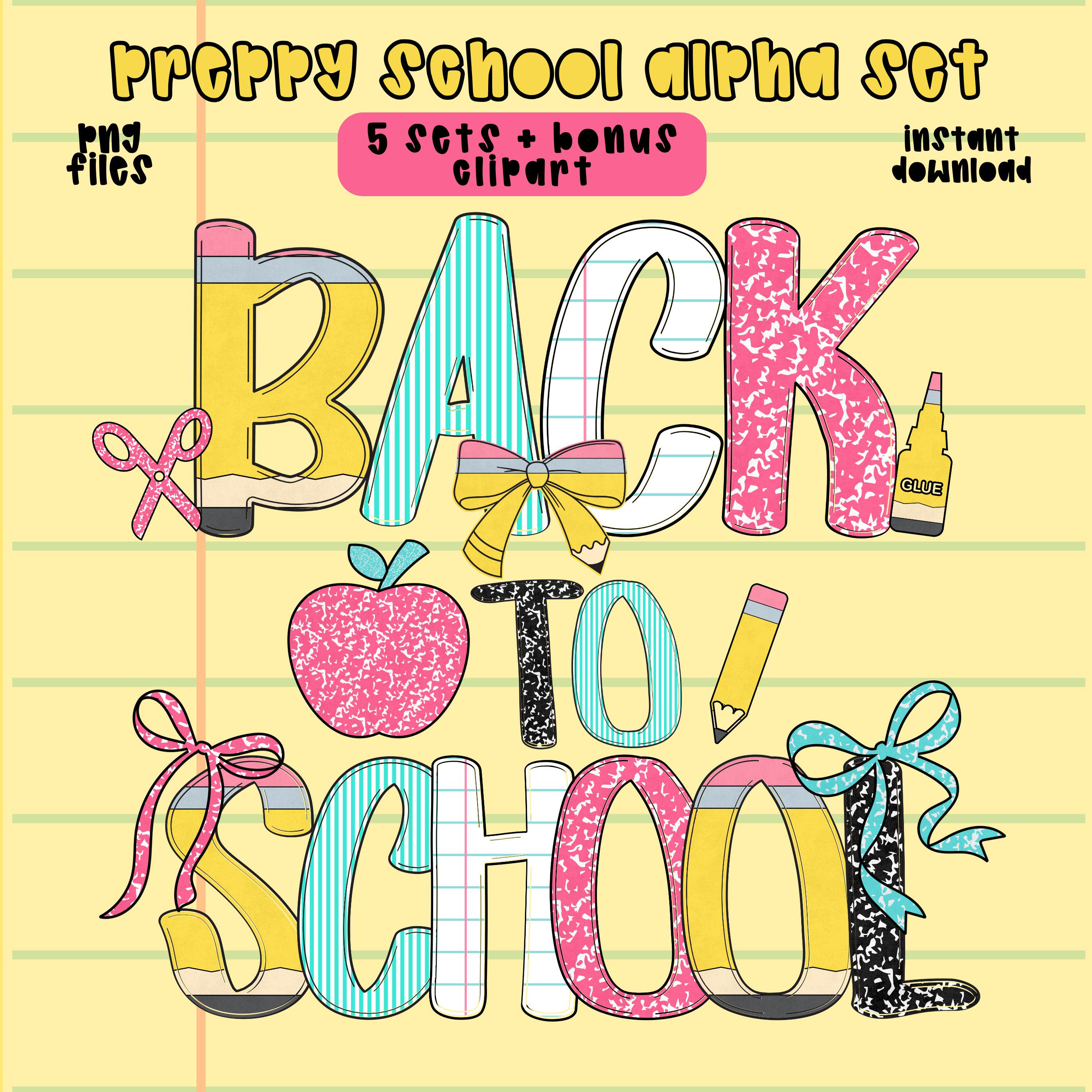 Preppy Back to School Alpha PNG 5 Sets Cute Teacher Class Letters Coquette Bow Pencil Doodle Alphabet Composition Notebook ABC Trendy Font