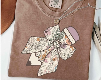 Wildflowers Pencil Bow Png Coquette Teacher Png Floral Teacher Bow Png School Pencil Bow Png Trendy Teacher Gift Shirt Design Retro Boho Bow
