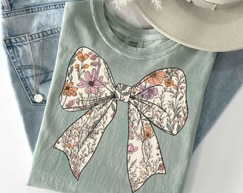 Wildflowers Bow PNG Boho Floral Bow Clipart Coquette Fall Clipart Retro Flower Bow PNG Coquette Shirt Design Png Trendy Floral Spring Summer