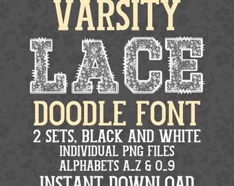 Bundle de polices de caractères dentelle universitaire Png polices florales Doodle universitaire Png polices de caractères chinoises girly Png Daisy dentelle noir et blanc lettres tendance
