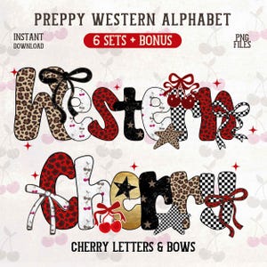 Alfabeto preppy occidental PNG, letras vaqueras, coquetas, leopardo, cerezas, estrellas, lazo, 6 conjuntos, conjunto alfa, paquete de cuadros, alfabeto brillante, fuente de moda
