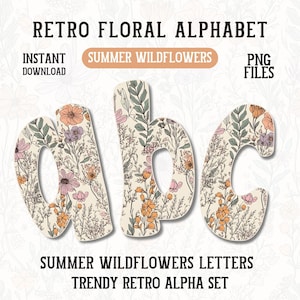 Alfabeto de flores silvestres de verano PNG, fuente floral bohemia de moda, paquete retro ABC, conjunto de alfabeto escrito a mano, letras del Día de la Madre, PNG de moda de primavera para niñas