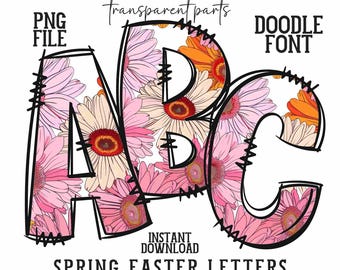 Floral Alphabet Png Easter Spring Font Bundle Wildflowers Doodle Alpha Set Mothers Day Girly Transparent Letters Number Trendy ABC Clipart
