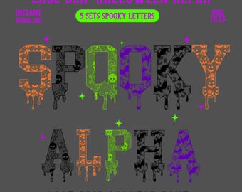 Alphabet néon Halloween goutte à goutte dentelle Alpha 5 effrayant crâne chauve-souris citrouille police universitaire lettres Spooky saison ABC tendance octobre Alpha Pack
