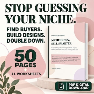 May include: A digital guide titled The Pod Seller's Roadmap: Niche Down, Sell Smarter. The cover features the text 50 Pages + 11 Worksheets and 2026-2027 Edition. The book is a PDF digital download designed to help find buyers and build designs.