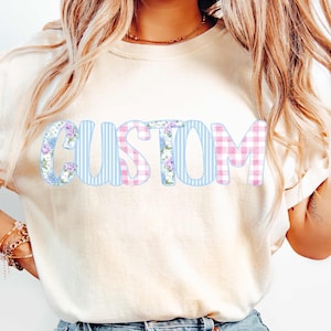 Custom Floral Word Png Preppy Coquette Png Custom Grandmillenial Png Blue Floral Words Retro Stripes Girly Png Trendy Gingham Text Design