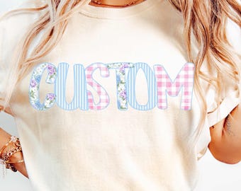 Custom Floral Word Png Preppy Coquette Png Custom Grandmillenial Png Blue Floral Words Retro Stripes Girly Png Trendy Gingham Text Design