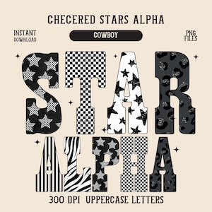 Checker Stars Alpha Set Png 6 Style School Spirit Letters Sports Alphabet Pack Black & White Trendy Checkered Leopard Stripes Zebra A-Z Font
