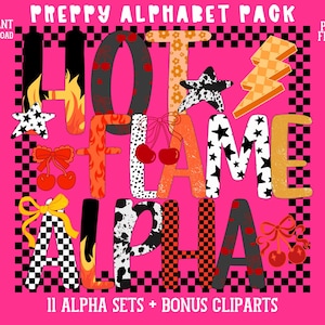 Preppy Summer Alpha Set PNG 11 Styles Hot Flame Leopard Lightning Checker Cow Print Cherry Edgy Alphabet Yallternative Coquette Trendy Font