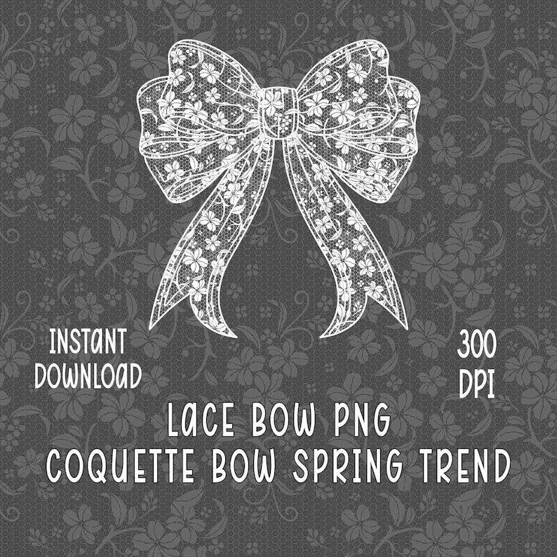 Puede incluir: Lazo de encaje blanco con un delicado patr&oacute;n floral. El lazo est&aacute; aislado sobre un fondo gris con un patr&oacute;n floral. El texto "Lace Bow PNG Coquette Bow Spring Trend" est&aacute; debajo del lazo.