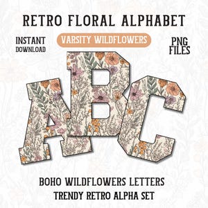 May include: Retro floral alphabet design featuring the letters A, B, and C in a varsity style. The letters are filled with a floral pattern in shades of peach, pink, and purple. The words "Retro Floral Alphabet", "Varsity Wildflowers", and "Boho Wildflowers Letters" are also visible.