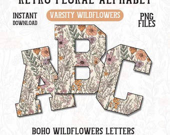 Boho Wildflowers Varsity Alphabet Png Floral Boho Font Retro Fall ABC Bundle Handwritten Alpha Set Letters Girly Summer Trendy Flower Png