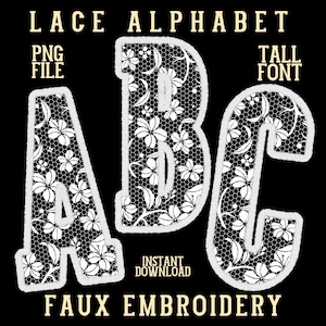 Alfabeto universitario de encaje PNG Paquete de fuentes florales Bordado falso universitario alto Garabato Alfabeto chinoiserie Letras femeninas Clipart ABC de moda