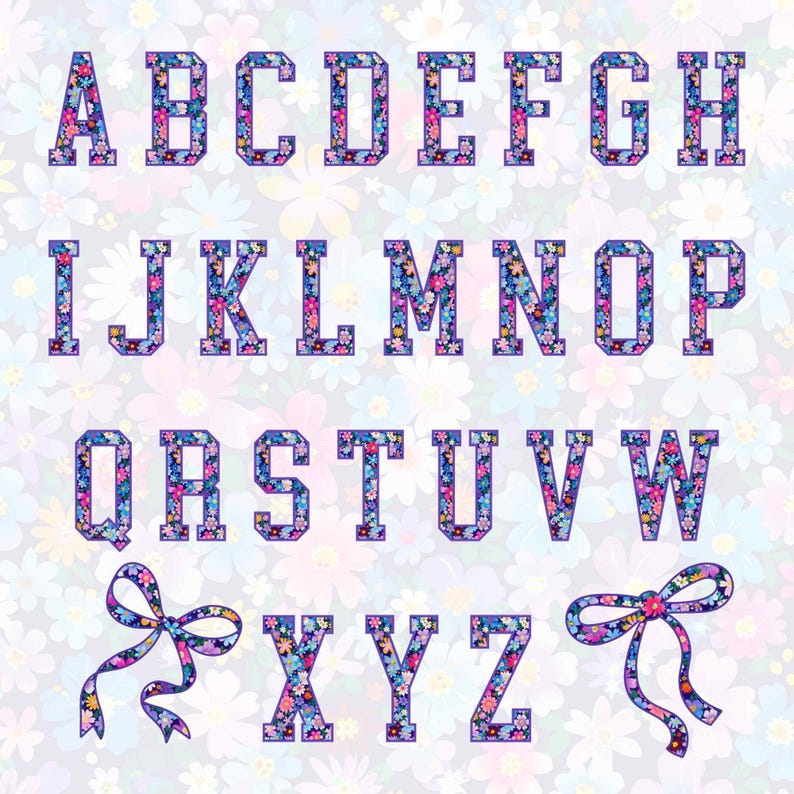 Floral Alpha Pack Ditsy Purple Varsity Letters Coquette Digital Font ...