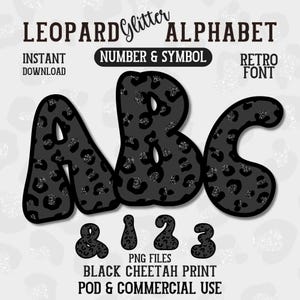Alfabeto de leopardo con purpurina retro, fuente de guepardo negro, conjunto de letras con estampado animal, símbolo de número, letras con purpurina, clipart, paquete de letras de moda