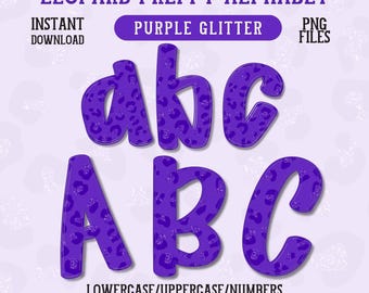 Purple Leopard Preppy Alphabet Png Glitter Leopard Letter Purple Cheetah Print ABC Alpha Pack Sublimation Clipart Uppercase Lowercase Number