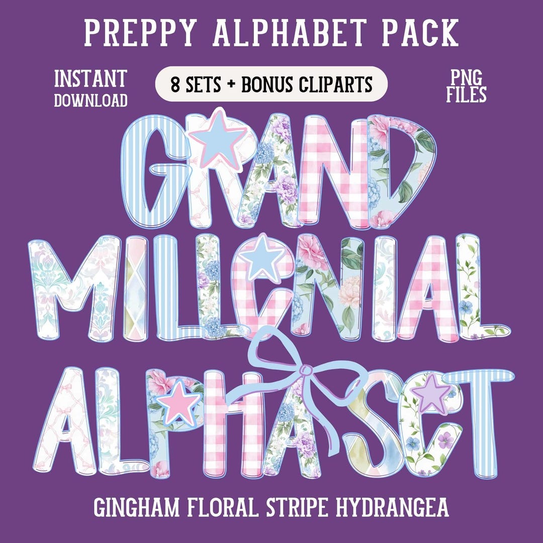 Preppy Floral Alpha Pack Grandmillennial PNG Coquette Doodle Letters ...
