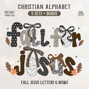 Alfabeto cristiano "Enamórate de Jesús" (PNG), letras de fe otoñal, imágenes prediseñadas de lazos con letras de Jesús preppy, fuente con estampado de cebra y leopardo, alfabeto religioso otoñal