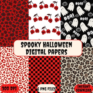 Könnte beinhalten: Eine Sammlung digitaler Papiere mit Halloween-Themen. Muster umfassen roten Leopardenmuster, Totenkopf-Kirschen, Geister mit "BOO!" Text und ein rot-schwarzes Schachbrettmuster. Der Text "SPOOKY HALLOWEEN DIGITAL PAPERS" ist in der Mitte angezeigt.